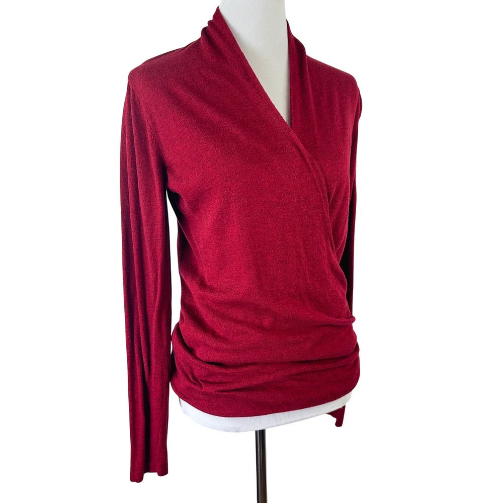 The Limited Long Sleeve Faux Wrap Ruched Knit Top Sweater Burgundy Red Womens L